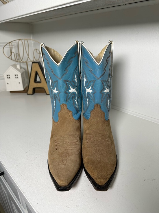 Dan Post Cowgirl Boots Womens 8.5M Genuine Cowhide Tan Blue Western Suede - Picture 2 of 9